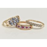 THREE 9CT GOLD GEM SET RINGS, to include a ruby and diamond half eternity ring, hallmarked 9ct