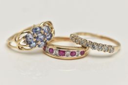 THREE 9CT GOLD GEM SET RINGS, to include a ruby and diamond half eternity ring, hallmarked 9ct