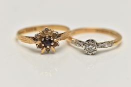 TWO GEM SET RINGS, the first a single stone diamond ring, round brilliant cut diamond, illusion set,