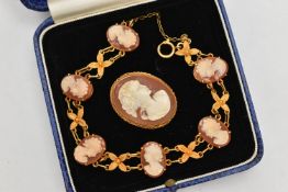 A YELLOW METAL CAMEO BRACELET AND A BROOCH, yellow metal bracelet designed with a series of six oval