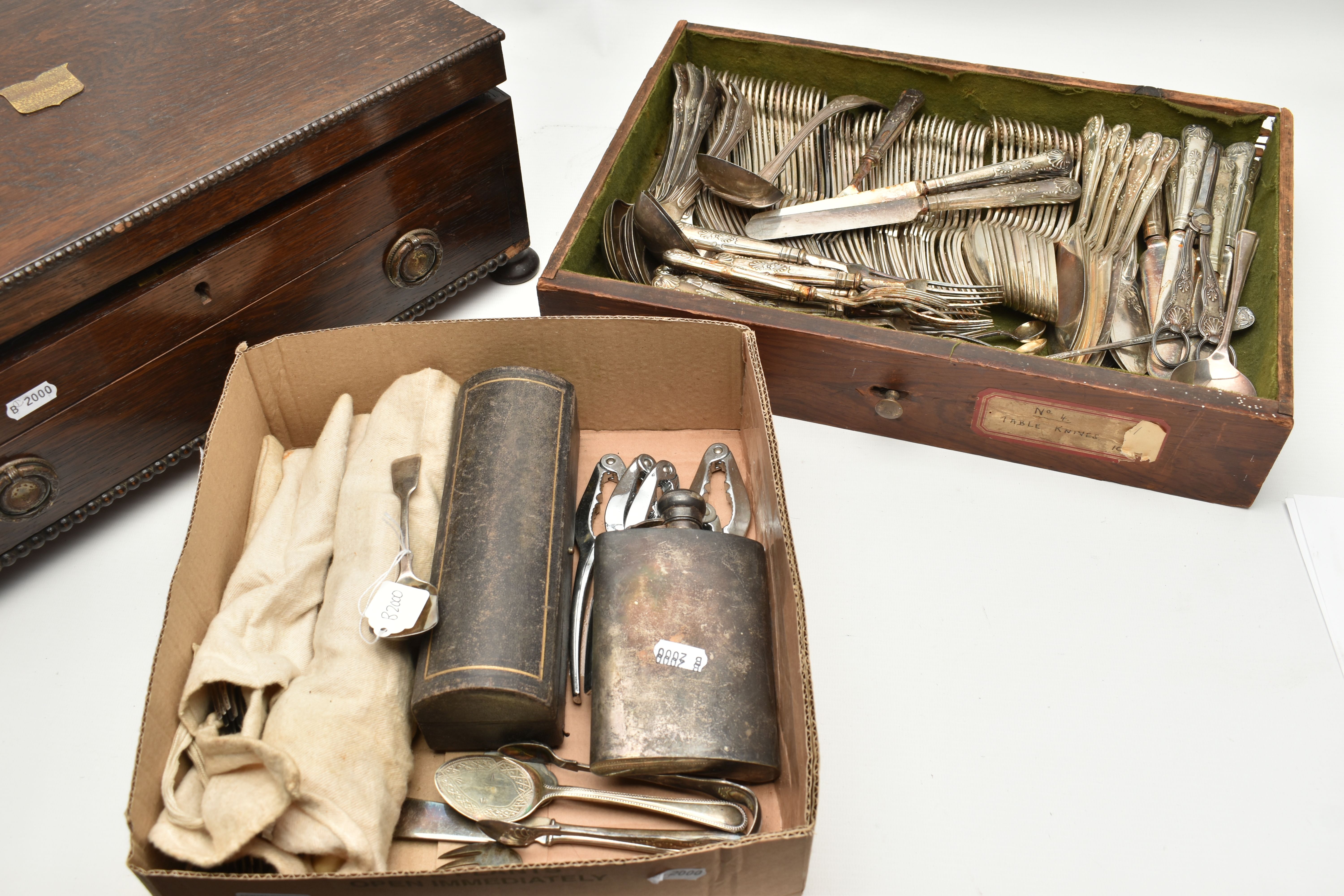 A WOODEN CANTEEN AND OTHER CUTLERY, hinged wooden canteen with drawer, complete with EP cutlery, a - Image 3 of 3