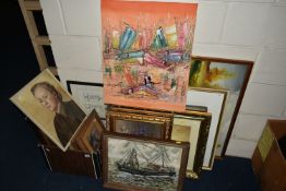 A BOX AND LOOSE PAINTINGS AND PRINTS ETC, to include portrait of a female figure wearing a brown