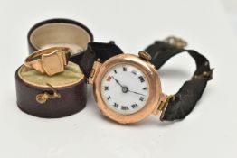 AN EARLY 20TH CENTURY WRISTWATCH AND A SIGNET RING, the watch with a circular white face, black