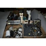 THREE BOXES OF VINTAGE ELECTRICAL ITEMS, CAMERAS AND TWO MICROSCOPES, comprising a Fidelity Fi-
