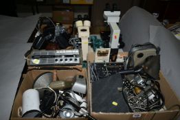 THREE BOXES OF VINTAGE ELECTRICAL ITEMS, CAMERAS AND TWO MICROSCOPES, comprising a Fidelity Fi-