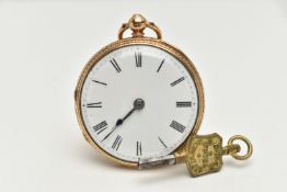AN 18CT GOLD OPEN FACE POCKET WATCH, key wound, round white dial, Roman numerals, blue steel