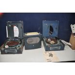 TWO PYE P320TG VINTAGE RADIO RECORD PLAYERS one in a blue tolex finish, the other in a distressed