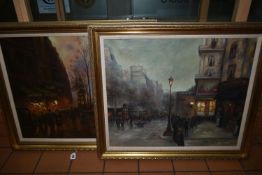 TWO LATER 20TH CENTURY NOSTALGIC FRENCH STREET SCENES, unsigned oils on canvas, approximate size