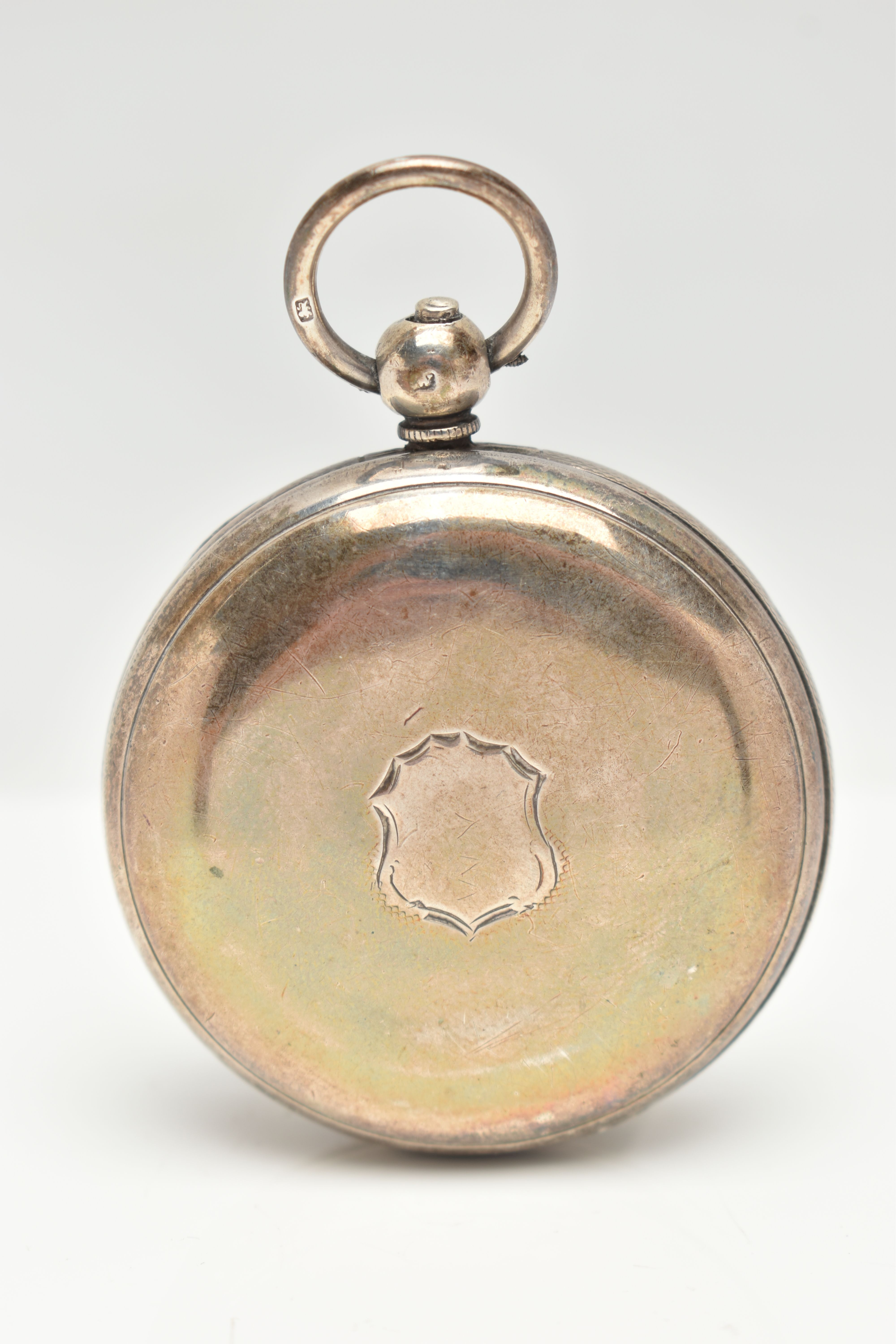 A SILVER OPEN FACE POCKET WATCH, key wound, round white dial, Roman numerals, subsidiary seconds - Image 2 of 6