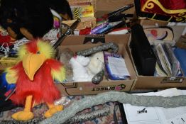 FIVE BOXES OF MAGICIAN'S PROPS AND EQUIPMENT, to include faux rabbits, snakes, parrot, foam doves,