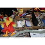 FIVE BOXES OF MAGICIAN'S PROPS AND EQUIPMENT, to include faux rabbits, snakes, parrot, foam doves,