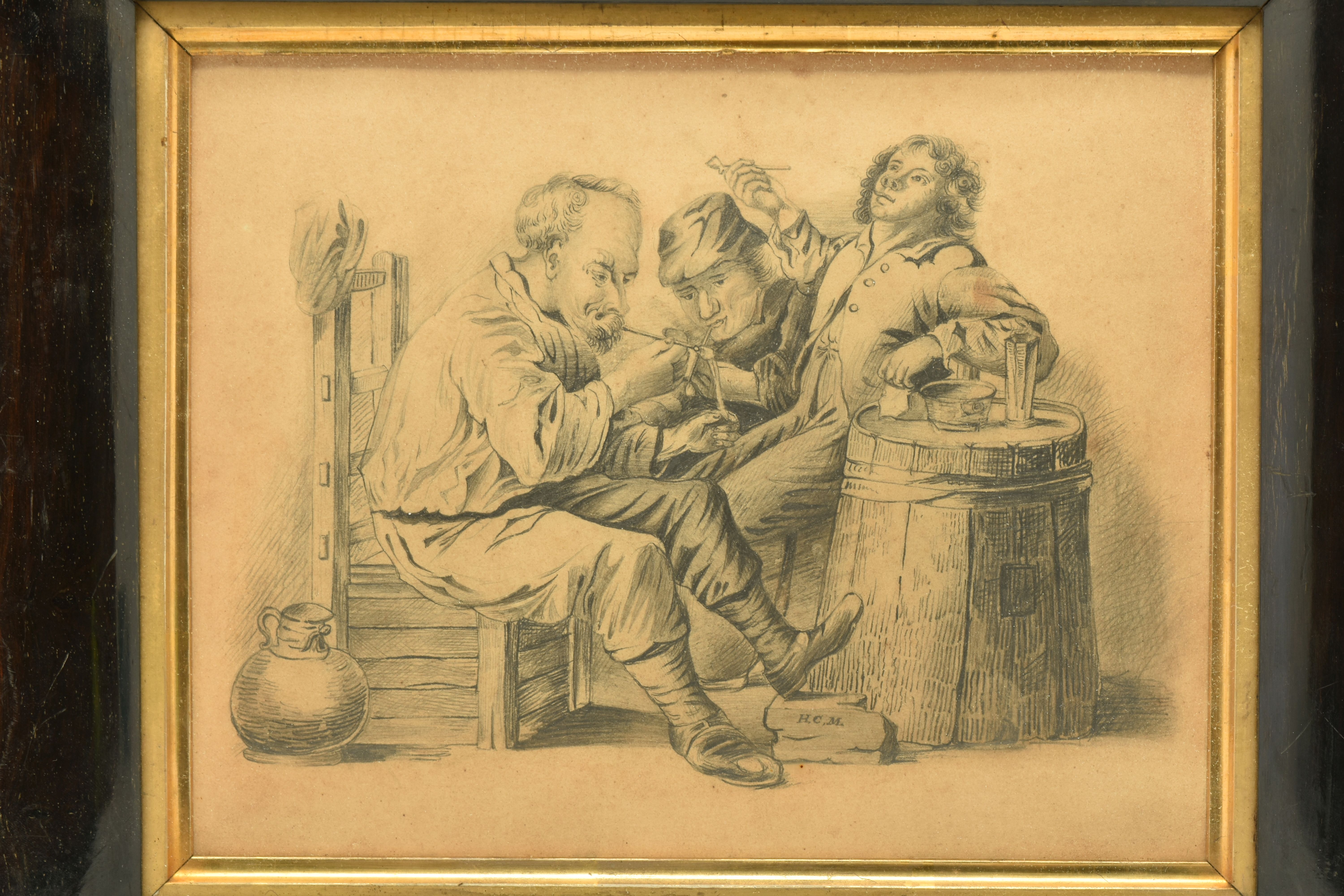 A 19TH CENTURY ILLUSTRATION DEPICTING THREE MALE FIGURES IN A TAVERN, initialled H.C.M lower middle, - Image 2 of 5
