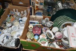 THREE BOXES OF CERAMICS, GLASS AND SUNDRY ITEMS, to include an Adams cup and bowl printed with