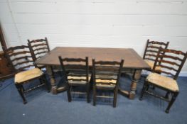 A REPRODUCTION OAK REFECTORY TABLE, labelled Henry Venables of Stafford, on block and turned legs,