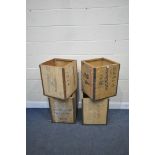 FOUR VINTAGE TEA CRATES, with various marks including Liverpool, Tanzania, Avonmouth, etc, all