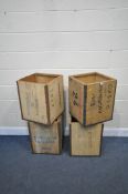 FOUR VINTAGE TEA CRATES, with various marks including Liverpool, Tanzania, Avonmouth, etc, all