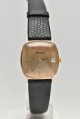 A 9CT GOLD 'BULOVA' WRISTWATCH, quartz movement, square dial signed 'Bulova Quartz', baton