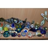 A LARGE QUANTITY OF GLASS PAPERWEIGHTS AND STUDIO GLASS FIGURES, comprising a clear, white and