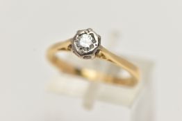 A YELLOW METAL SINGLE STONE DIAMOND RING, round brilliant cut diamond, illusion set, estimated