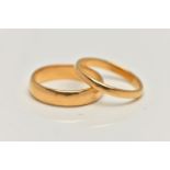 TWO 22CT GOLD POLISHED BAND RINGS, thin band, approximate band width 2.3mm, hallmarked 22ct