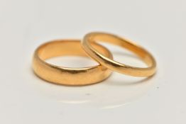 TWO 22CT GOLD POLISHED BAND RINGS, thin band, approximate band width 2.3mm, hallmarked 22ct