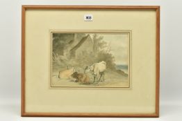 CIRCLE OF ROBERT HILLS (1769-1844) CATTLE RESTING BEFORE COTTAGES, unsigned, watercolour and