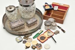 A BOX OF ASSORTED ITEMS, to include a silver vesta, hallmarked Chester 1909, approximate gross