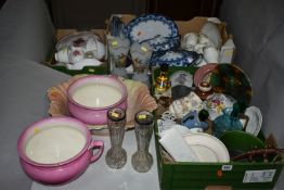 THREE BOXES OF CERAMICS, to include two pink chamber pots, a pair of hand painted Bristol glass