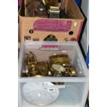 THREE BOXES OF CLOCKS, CLOCK PARTS AND BOOKS, to include brass clock mechanisms, glass fronts,