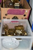 THREE BOXES OF CLOCKS, CLOCK PARTS AND BOOKS, to include brass clock mechanisms, glass fronts,