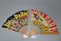 TWO CHINESE PAPER LEAF FANS, both Art Deco inspired design, one has a printed scene of two