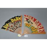 TWO CHINESE PAPER LEAF FANS, both Art Deco inspired design, one has a printed scene of two