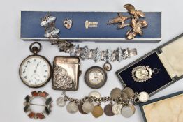 A BAG OF ASSORTED SILVER AND WHITE METAL ITEMS, to include a silver open face pocket watch, round