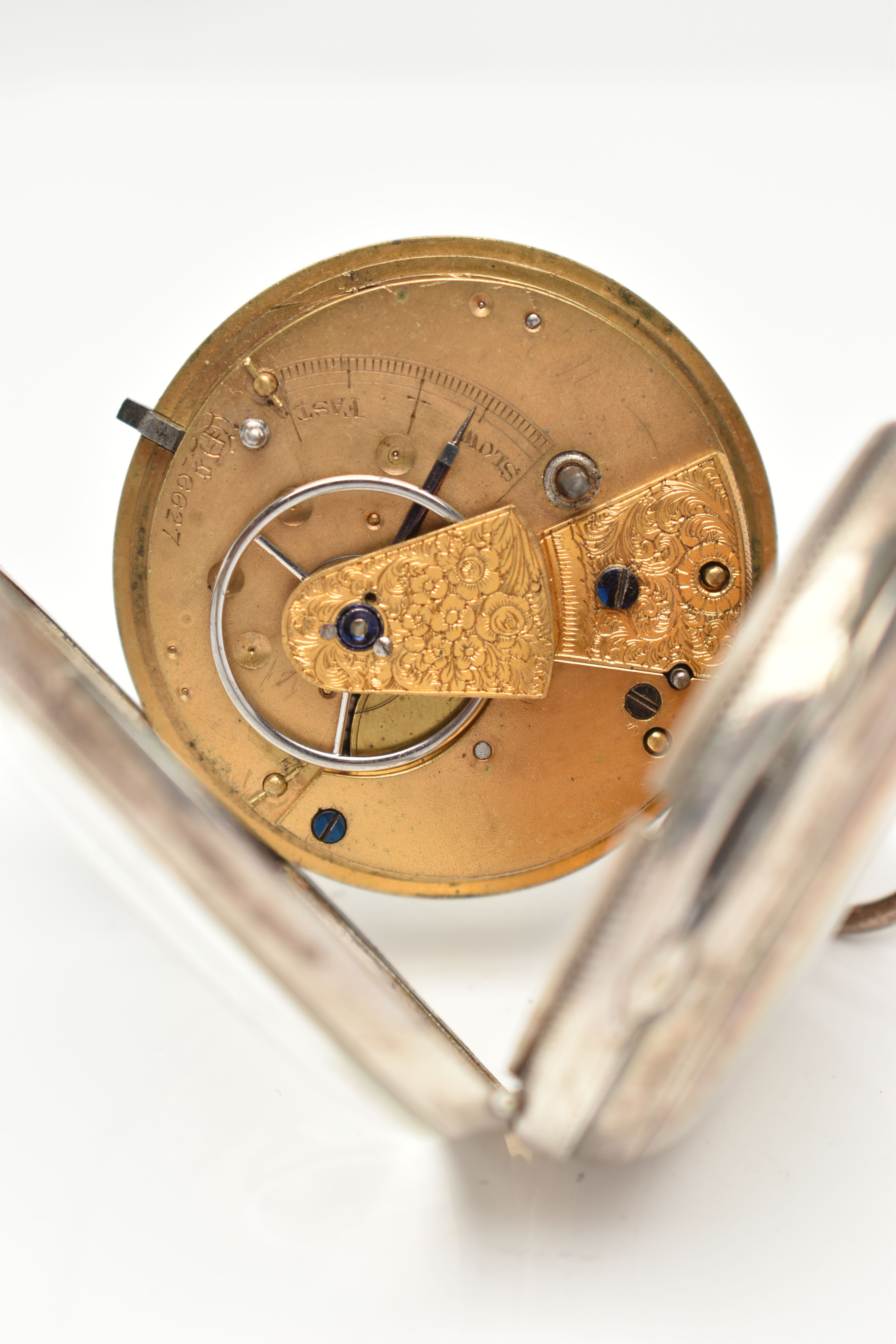 A SILVER OPEN FACE POCKET WATCH, key wound, round white dial, Roman numerals, subsidiary seconds - Image 5 of 6