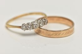 A YELLOW METAL DIAMOND RING AND A BAND RING, five stone graduated diamond ring, estimated total
