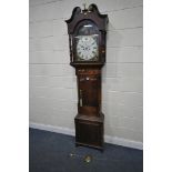 A GEORGIAN MAHOGANY AND CROSSBANDED EIGHT DAY LONGCASE CLOCK, the hood with a swan neck pediment,