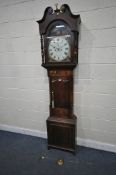 A GEORGIAN MAHOGANY AND CROSSBANDED EIGHT DAY LONGCASE CLOCK, the hood with a swan neck pediment,