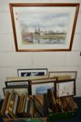 TWO BOXES AND LOOSE PAINTINGS AND PRINTS ETC, to include a Vic Bowcott landscape watercolour