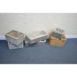 A VARIETY OF WICKER BASKETS, to include two pairs of grey painted baskets, another grey painted