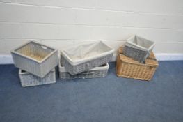 A VARIETY OF WICKER BASKETS, to include two pairs of grey painted baskets, another grey painted