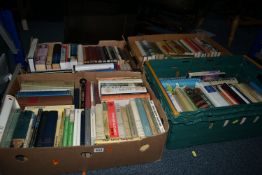 FOUR BOXES OF BOOKS, approximately one hundred and seventy titles in hardback and paperback formats,