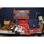 THREE TOOLBOXES AND TWO WOODEN TRAYS CONTAINING TOOLS, including a folding work bench, soldering