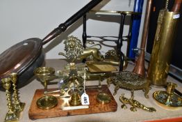 A GROUP OF BRASS AND COPPER ITEMS, to include a set of S Mordan & Co postal scales with various