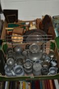 TWO BOXES OF TREEN AND PEWTER ETC, to include a James Dixon teapot, gourd shaped teapot, tankards,