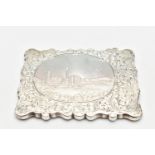 A VICTORIAN SILVER ENGRAVED 'CASTLE TOP' CARD CASE OF OSBORNE HOUSE BY NATHANIEL MILLS, of wavy