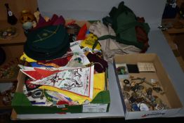 TWO BOXES OF SCOUTING MEMORABILIA ETC to include berets, cap, shirts, jumpers and neckerchiefs in