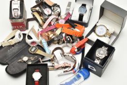 A BOX OF ASSORTED WATCHES, a number of watches, names to include Guess, Royal, Relic, Ben Sherman,