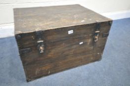 A VINTAGE STAINED INSTRUMENT CASE, with iron drop handles, width 69cm x depth 54cm x height 41cm (