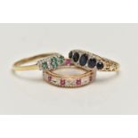 THREE 9CT GOLD GEM SET RINGS, to include a blue sapphire and diamond boat ring, hallmarked 9ct