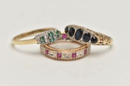 THREE 9CT GOLD GEM SET RINGS, to include a blue sapphire and diamond boat ring, hallmarked 9ct